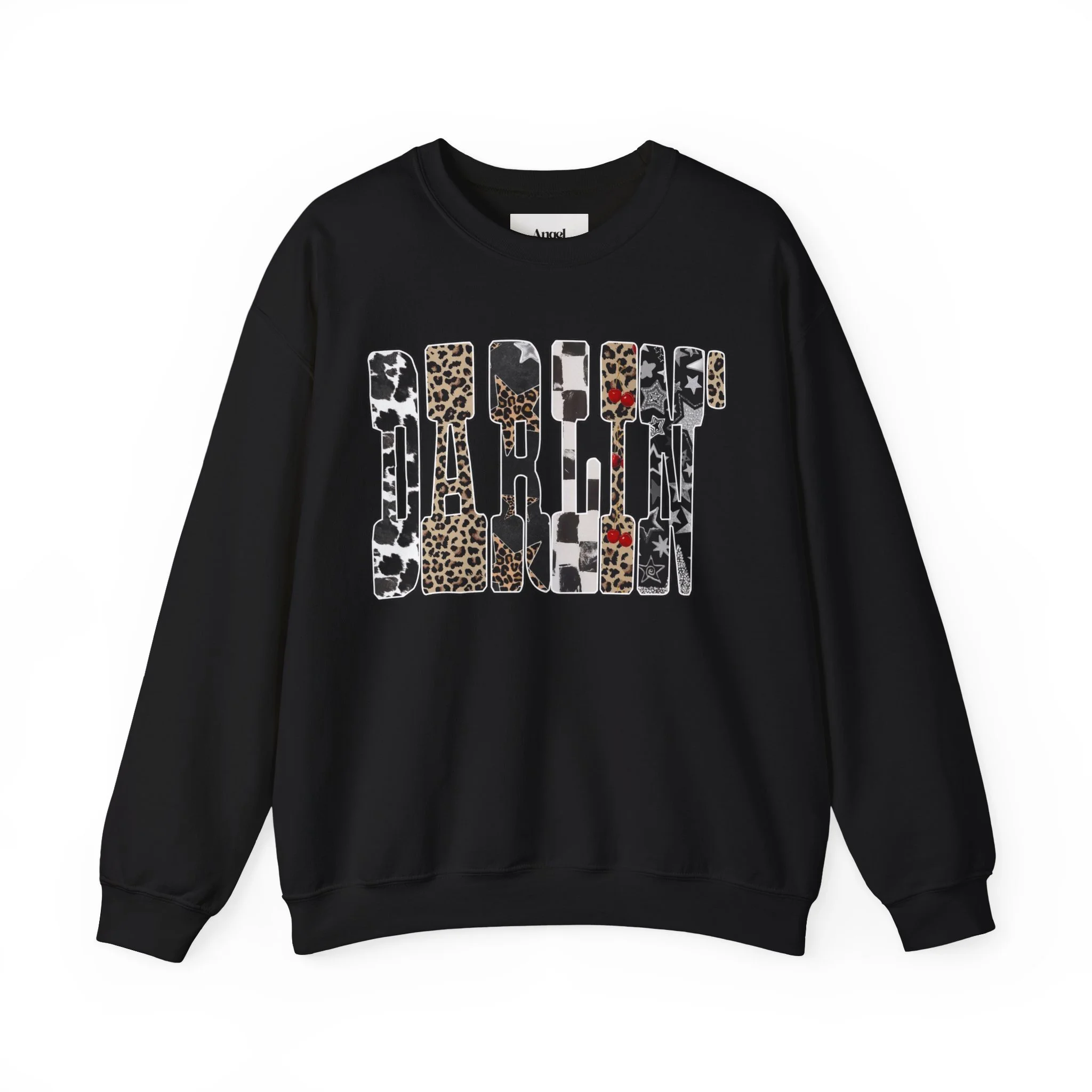 Black sweatshirt with a pattern spelling "PARIS" in large block letters featuring animal print and star designs.