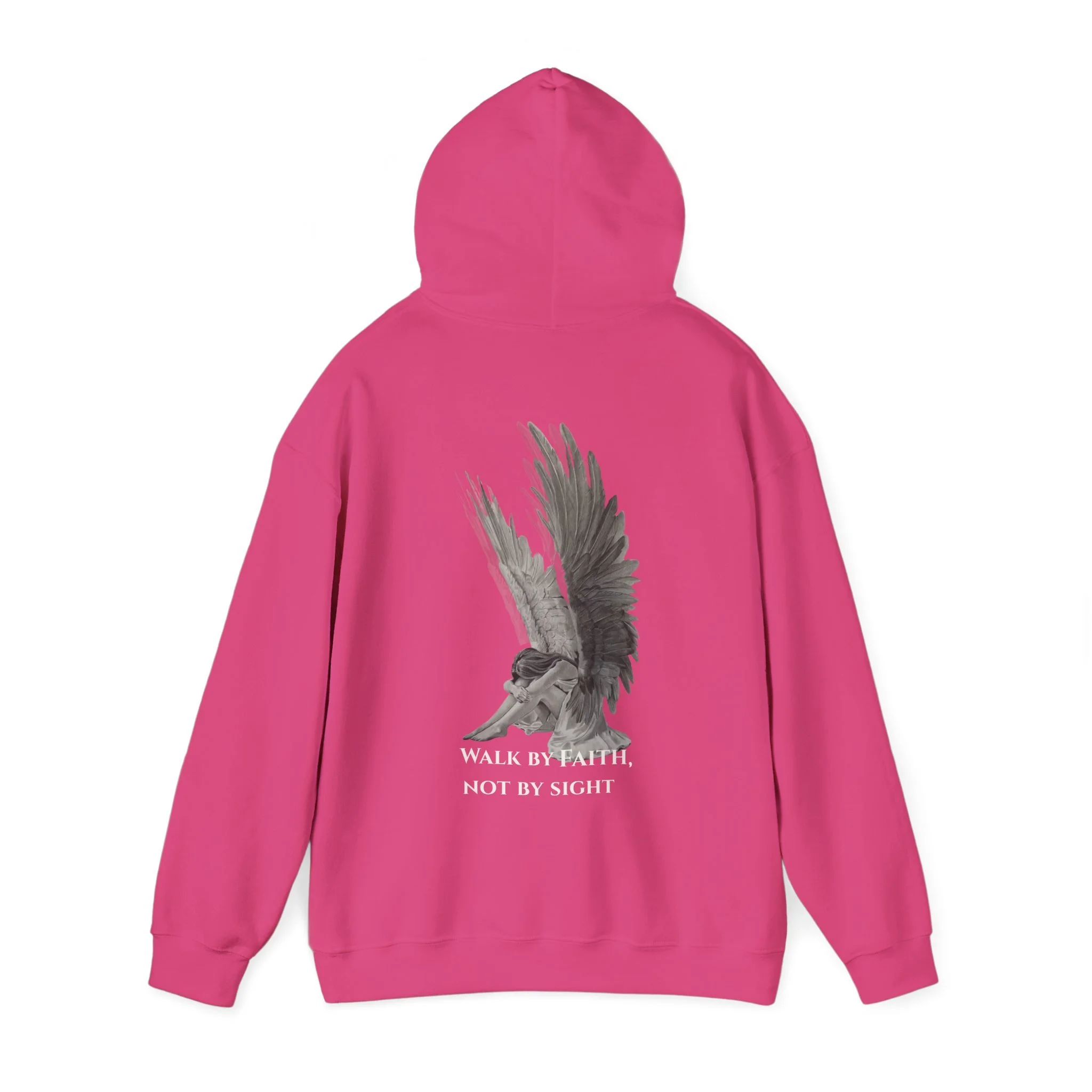 Pink hoodie with a graphic of a person with large wings and the phrase 'Walk by faith, not by sight' on the back.