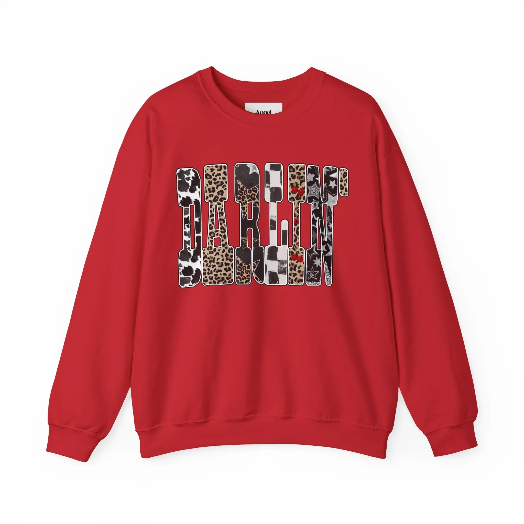 Red sweatshirt with the word "DARLINGTON" in large letters with animal print and star patterns.