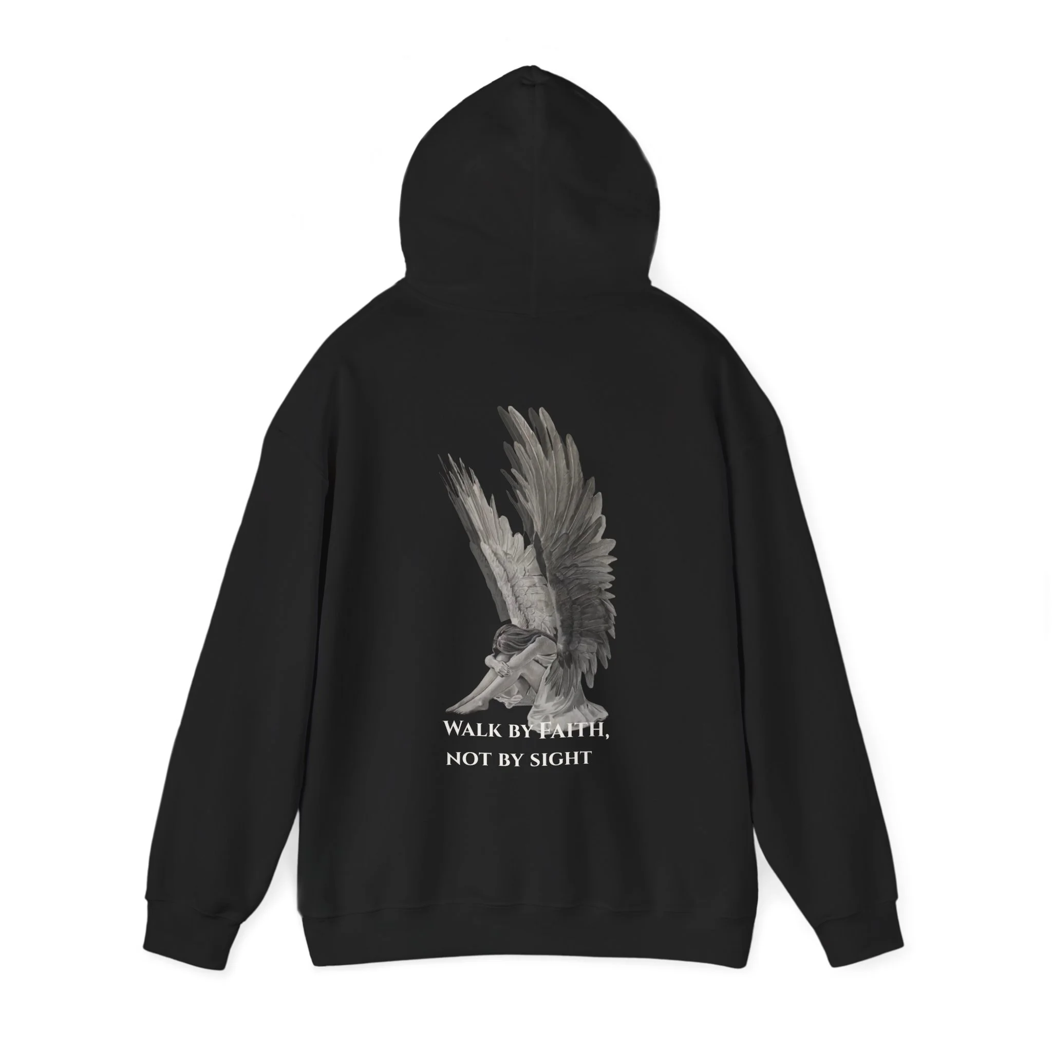 Black hoodie with a grayscale illustration of a person with large bird wings and the phrase "Walk by faith, not by sight" printed below.