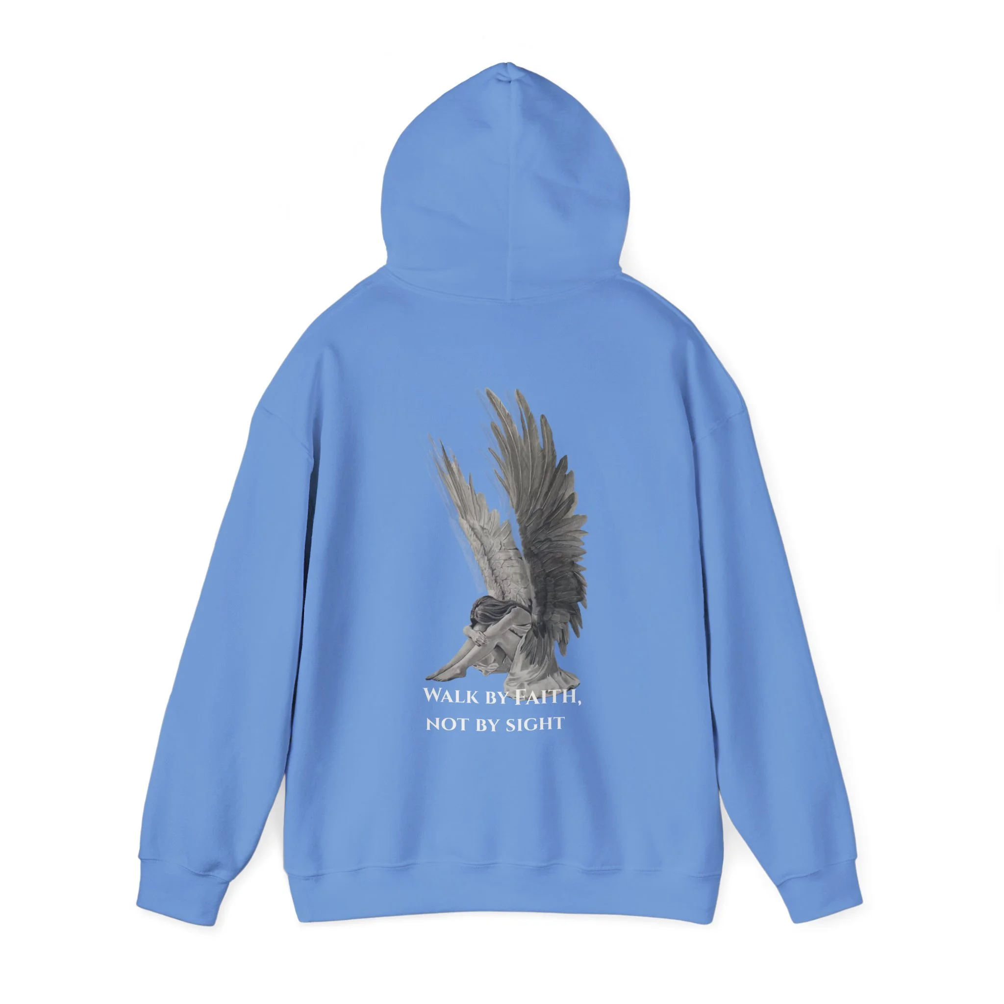 Blue hoodie featuring an image of a girl with bird wings and the text 'Walk by faith, not by sight' on the back.
