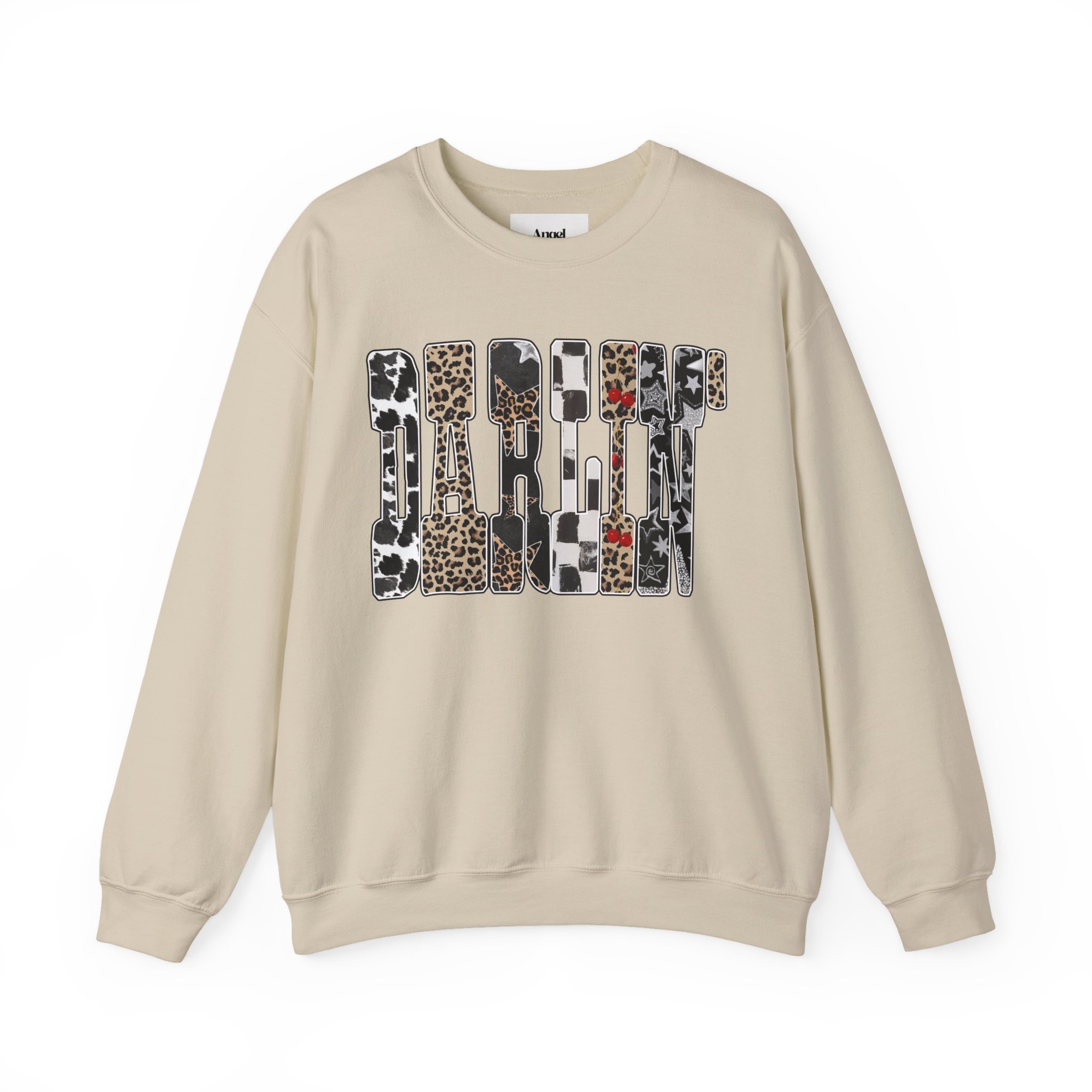 Beige sweatshirt with the word 'Darling' in large block letters in leopard, cow, star, and holiday patterns.
