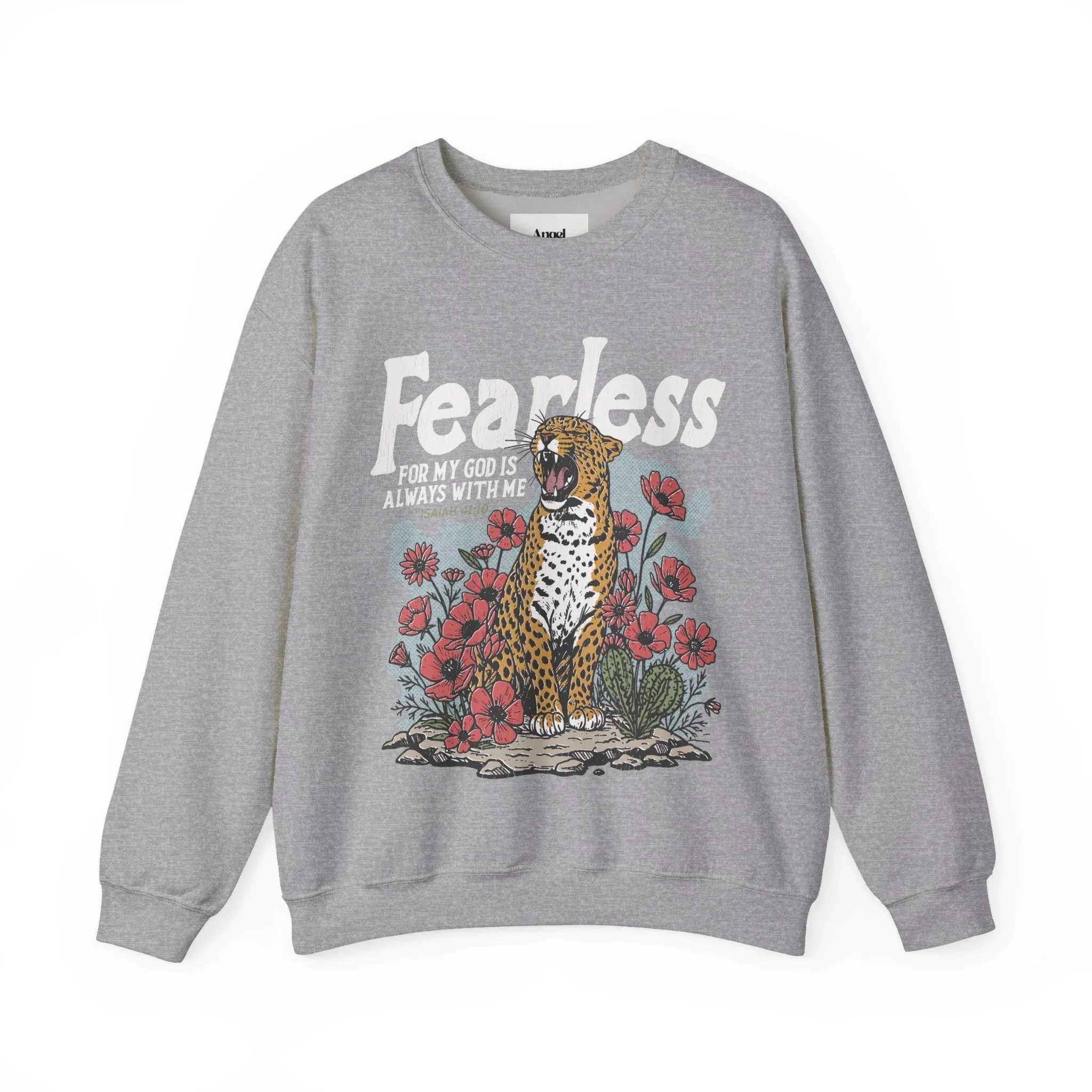 Gray sweatshirt with a graphic of a roaring jaguar surrounded by pink flowers and green cacti, with the word 'Fearless' and a quote from Psalm 41:10.