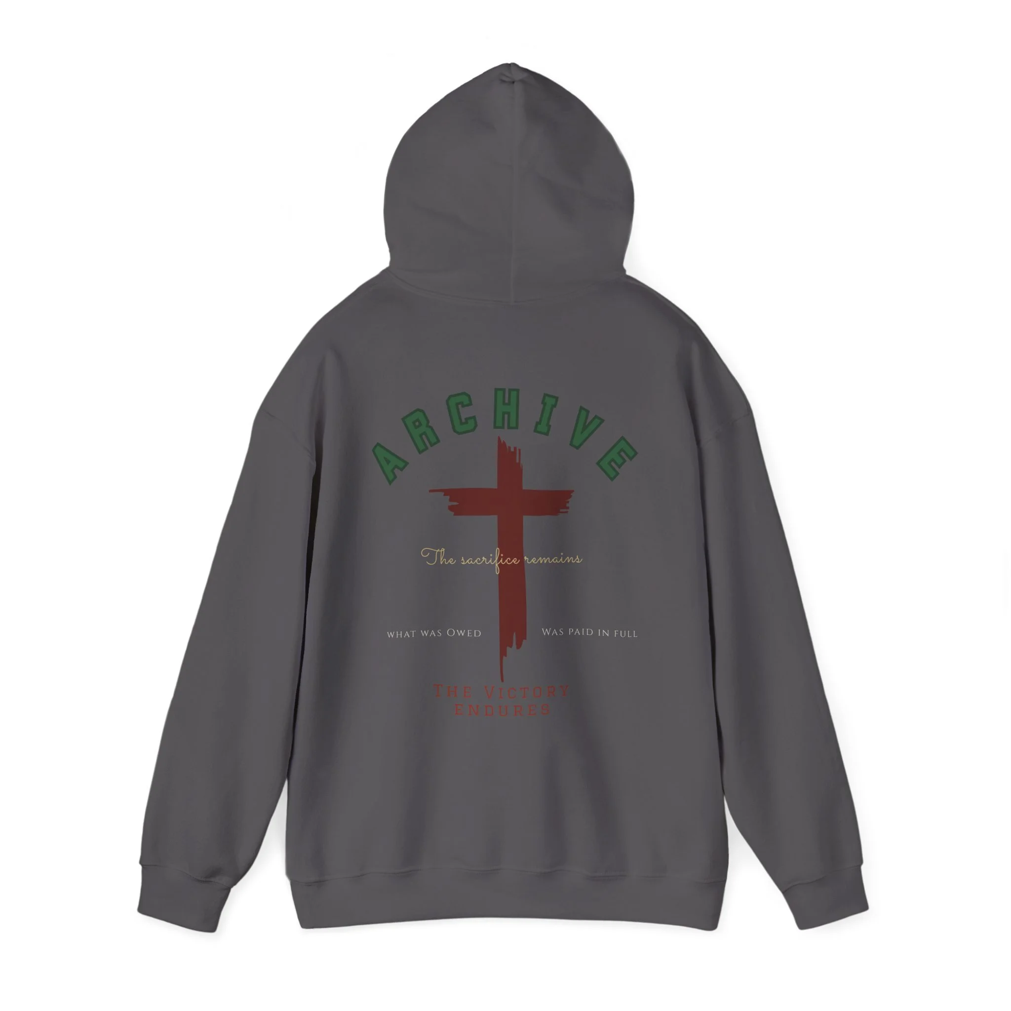 Gray hoodie with a red cross on the back, green 'ARCHIVE' text arched above, and additional text in gold and red below the cross.
