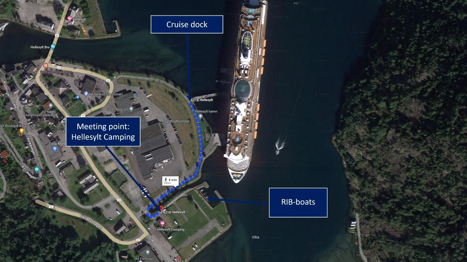 Satellite map showing a cruise ship docked at Hellesylt, with labels indicating the cruise dock, a RIB boat, and a meeting point at Hellesylt Camping, along with a walking route from the camping site to the cruise dock.