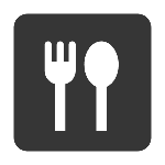 Icon of a fork and spoon on a dark background, representing food or dining.