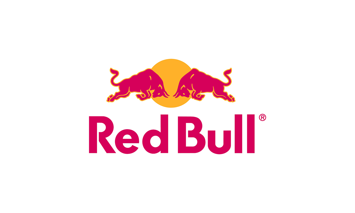 Red Bull logo with two red bulls facing each other with a yellow sun in the background and the words "Red Bull" in pink below.