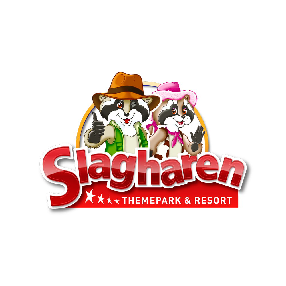 Logo for Slagharen Themepark & Resort featuring two cartoon raccoons dressed as adventurers, one with a hat and green vest giving a thumbs up, the other wearing a pink hat and scarf waving, with the text 'Slagharen' and 'Themepark & Resort' below.