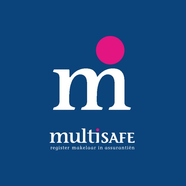Multisafe logo with a large white lowercase 'm' and a pink dot above it, against a navy blue background; the company name 'multisafe' with a smaller pink 'i' and the tagline 'register makelaar in assurantiën' below.