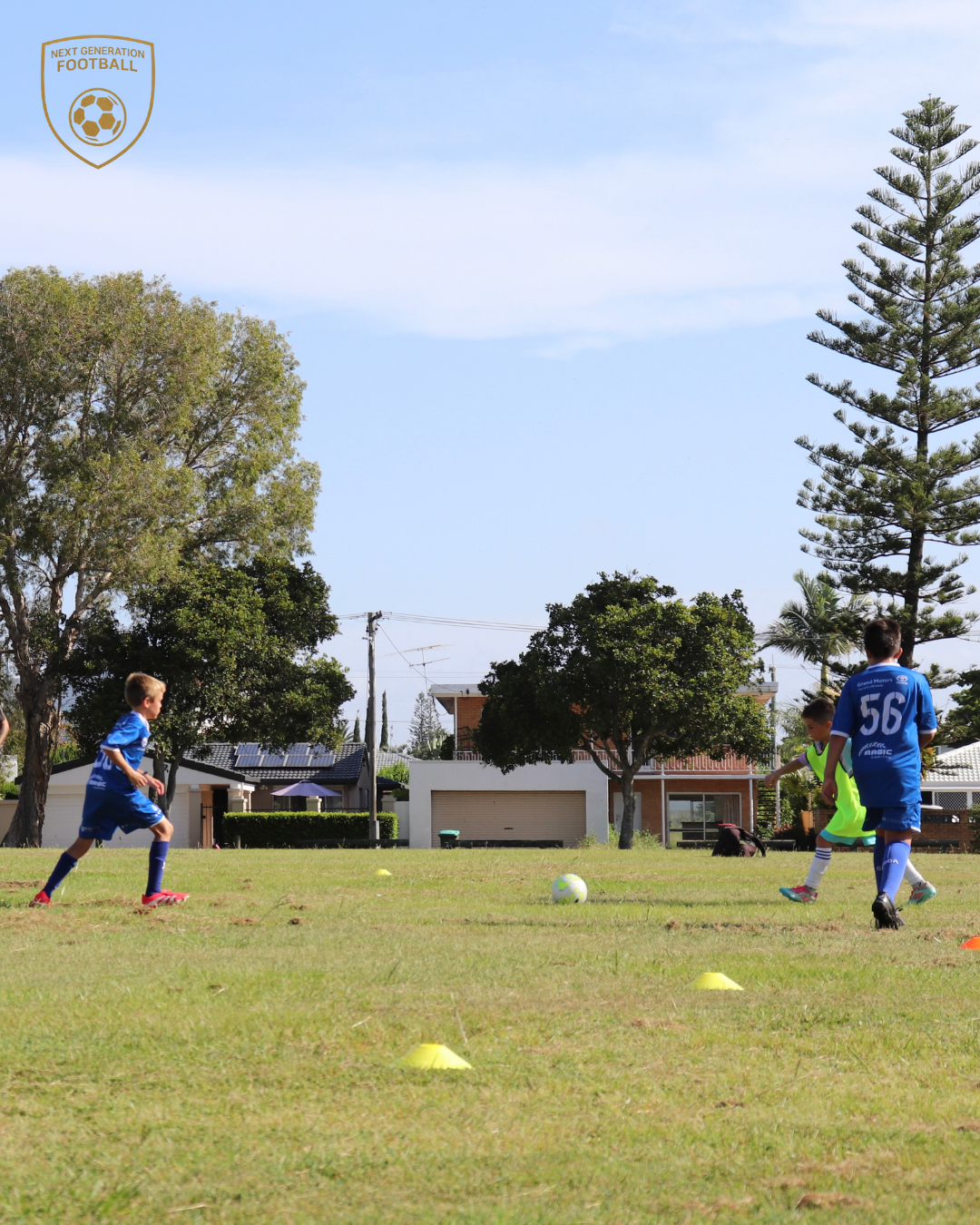 Children playing soccer on a grassy field, with trees and houses in the background, and a cloudy blue sky.