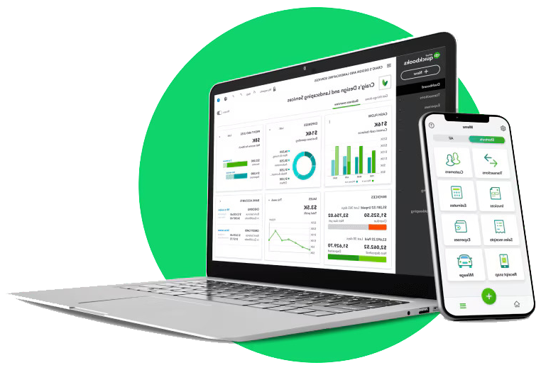 A laptop and smartphone displaying dashboards with charts and icons related to finance, vehicle management, or business analytics, set against a green circular background.