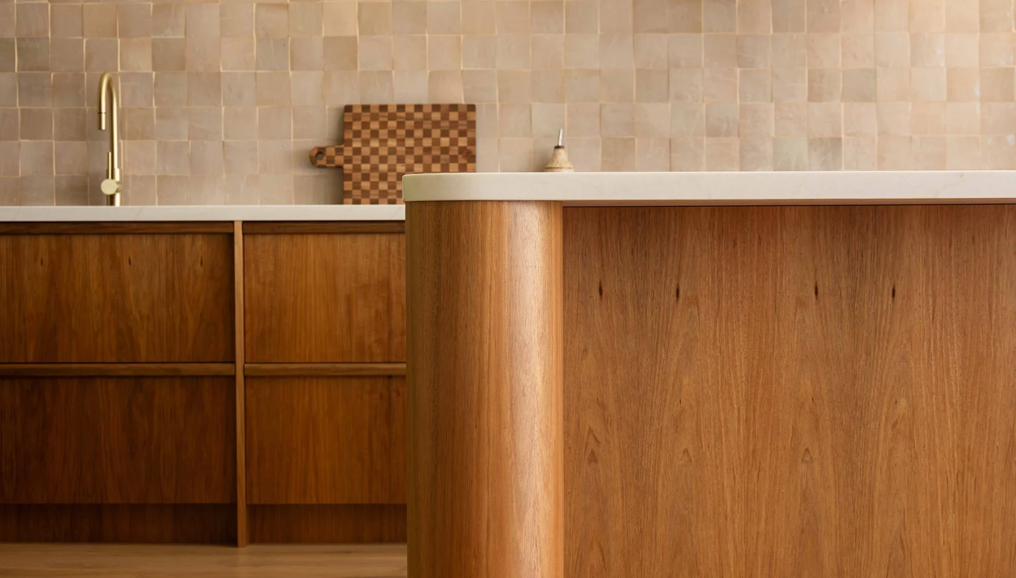 Picket House project in Ocean Grove featuring a modern kitchen renovation with custom timber joinery cabinets, a stone countertop