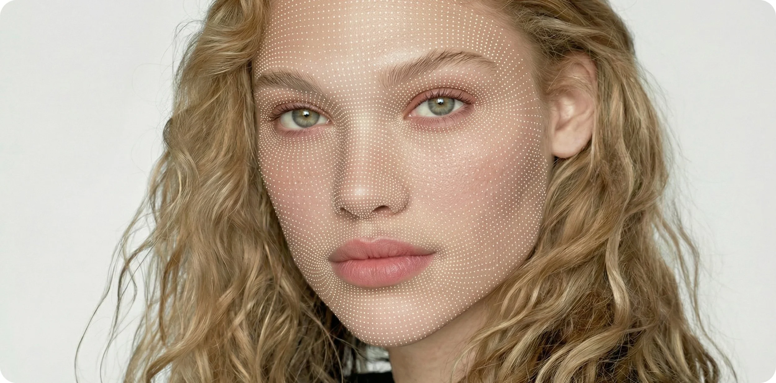 Close-up of a woman with curly blonde hair, fair skin, and light green eyes, with an overlay of small white dots on her face.
