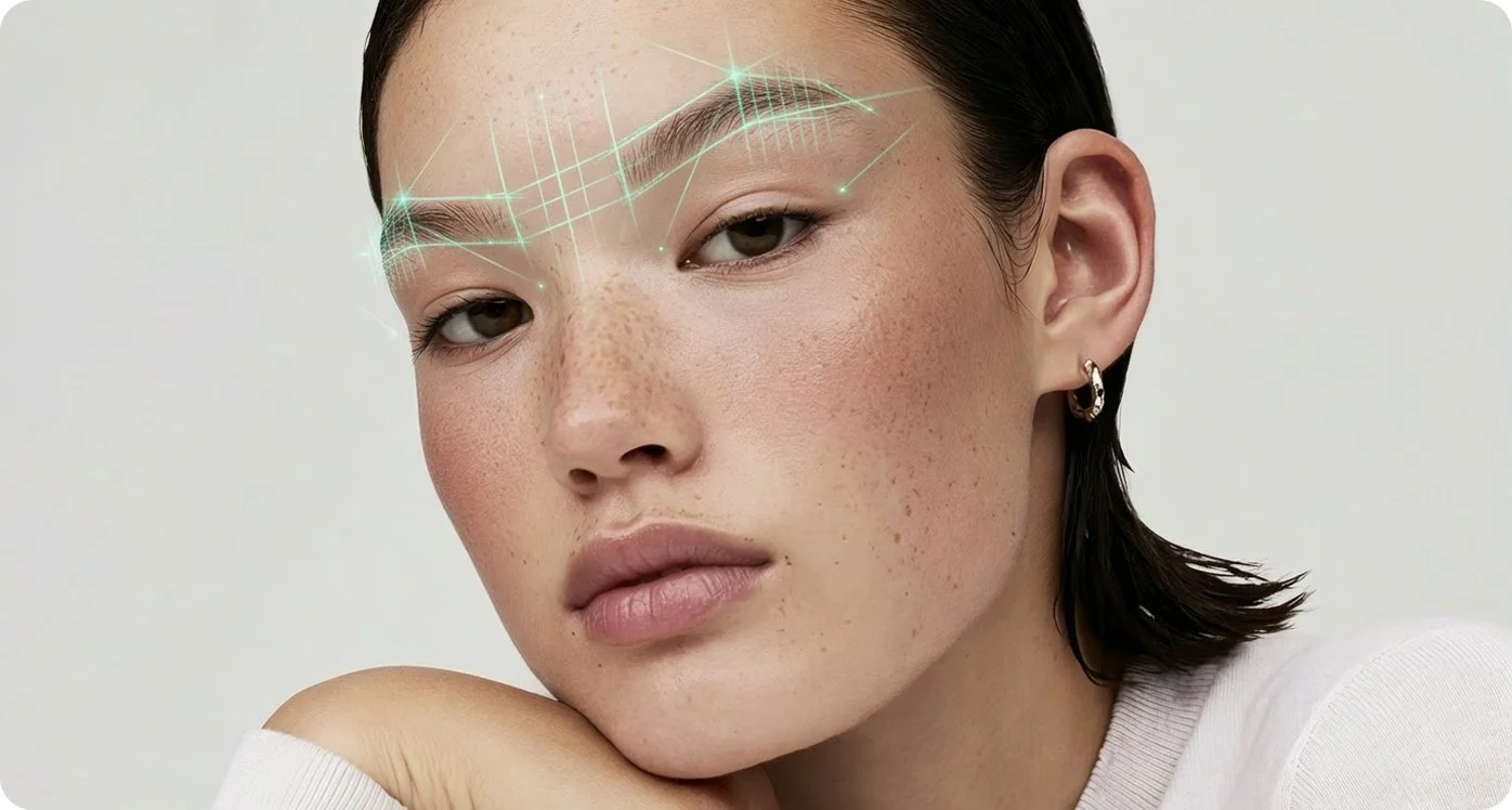 Close-up of a woman with short dark hair and natural freckles, showing a digital grid overlay on her forehead.