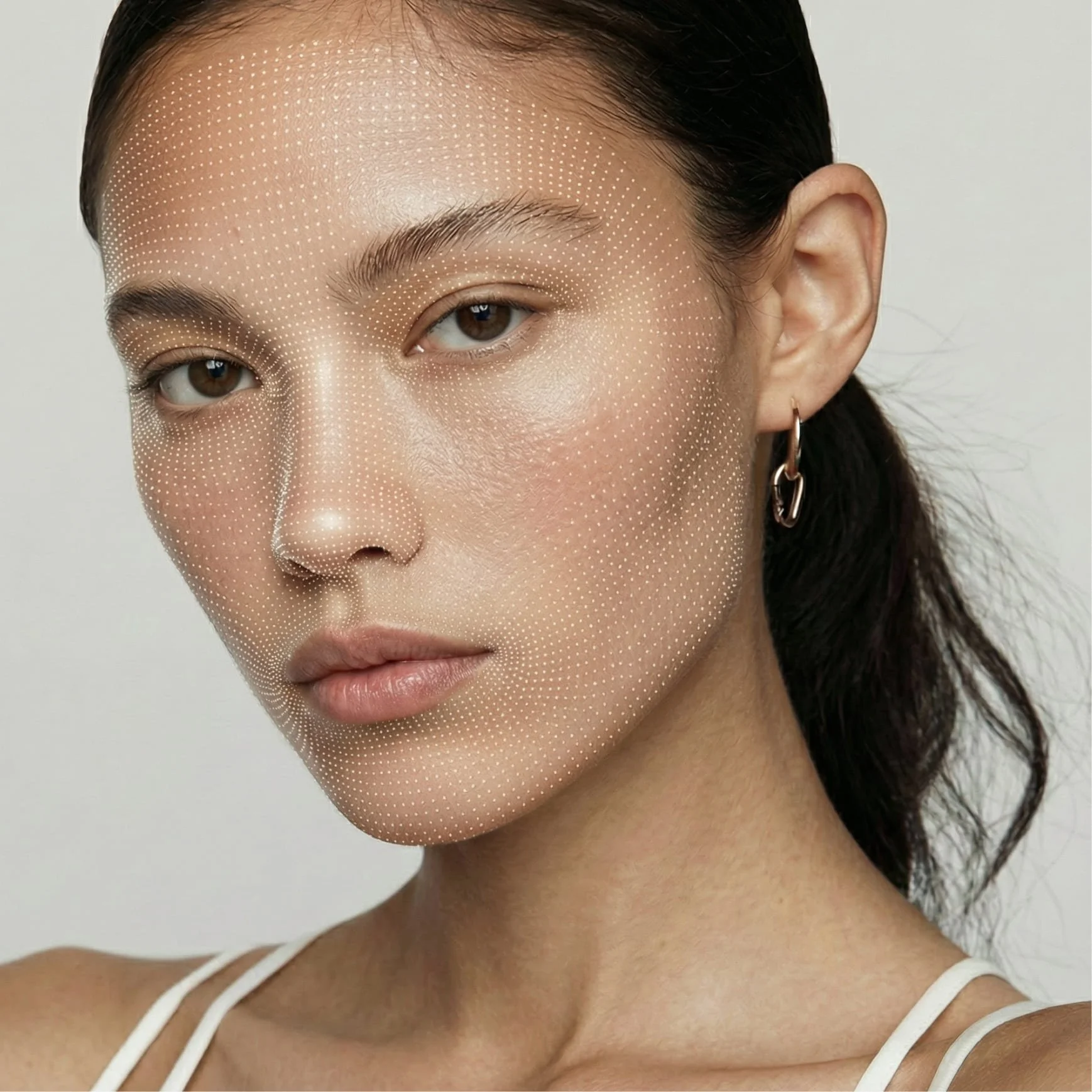 Close-up of a woman's face with white dotted lines indicating areas of skin for possible skincare or makeup analysis, with her hair pulled back and wearing a white tank top.