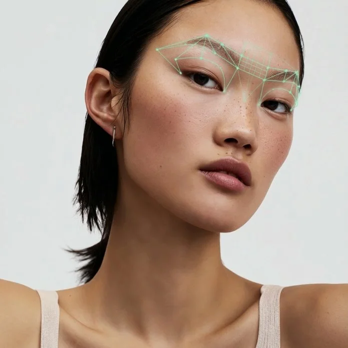 A woman with short black hair and earrings looking at the camera, with digital facial tracking overlay on her eyebrows.