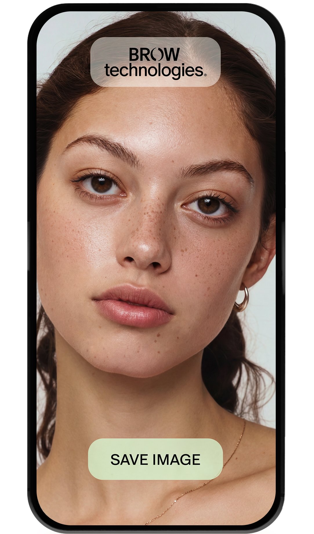 Close-up of a young woman with clear skin and freckles, looking into the camera, with a smartphone overlay displaying the logo 'Brow Technologies' at the top and a "Save Image" button at the bottom.