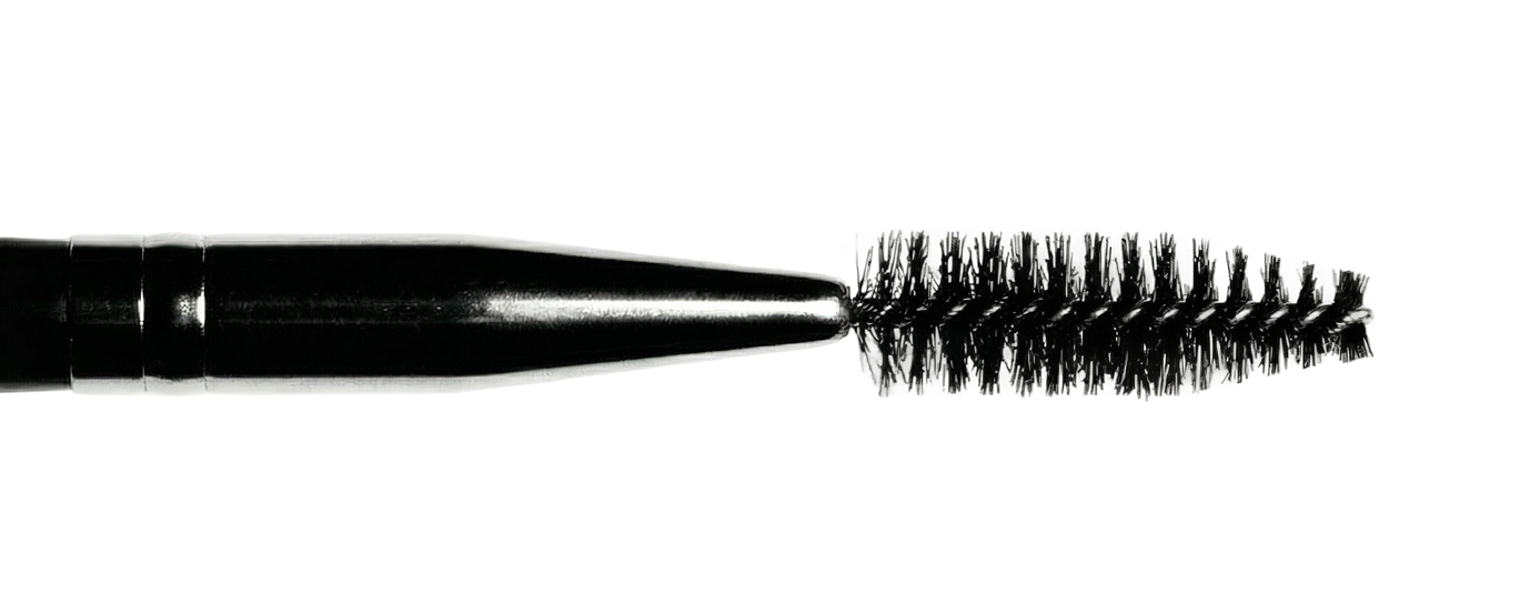 A black mascara wand with a spoolie brush tip.