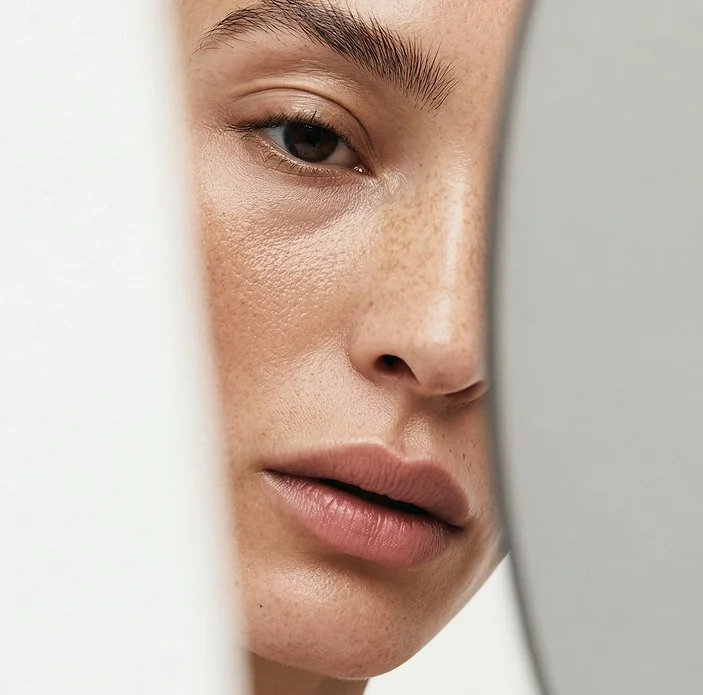 Close-up of a woman's face with natural makeup, looking through a mirror.