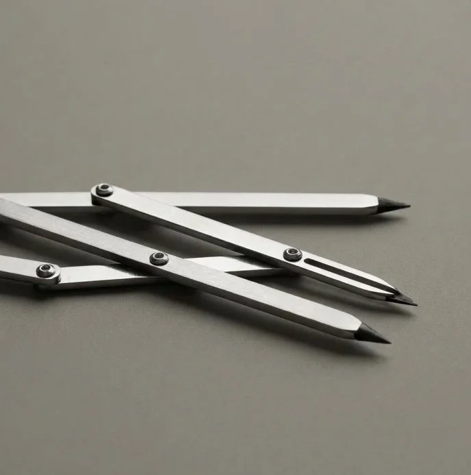 Close-up of two metal compasses on a gray surface.