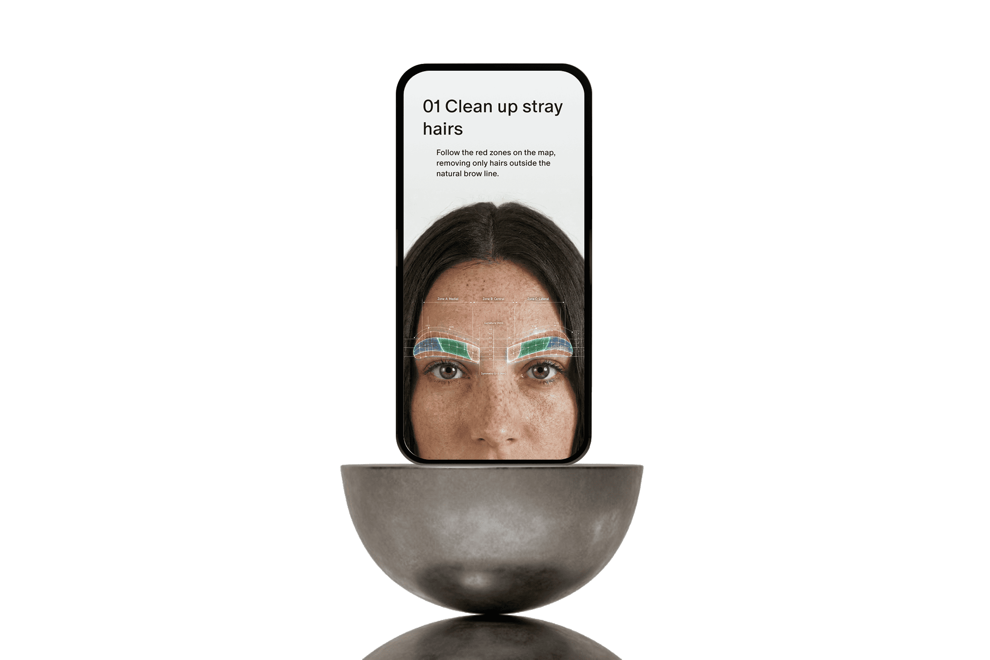Smartphone displaying a guide to clean up stray hairs on a woman's forehead, with different zones labeled on the screen.