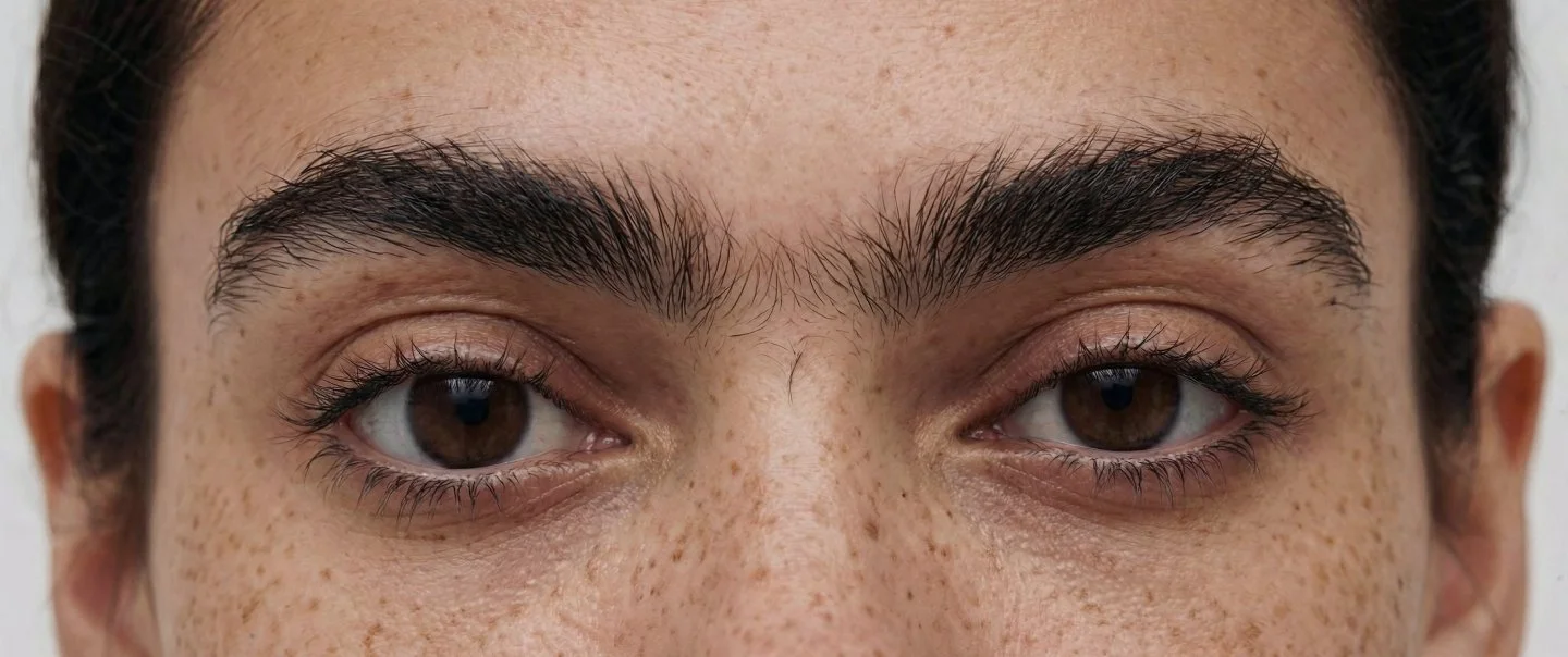 Close-up of a person's face focusing on their brown eyes, thick eyebrows, and freckled skin.