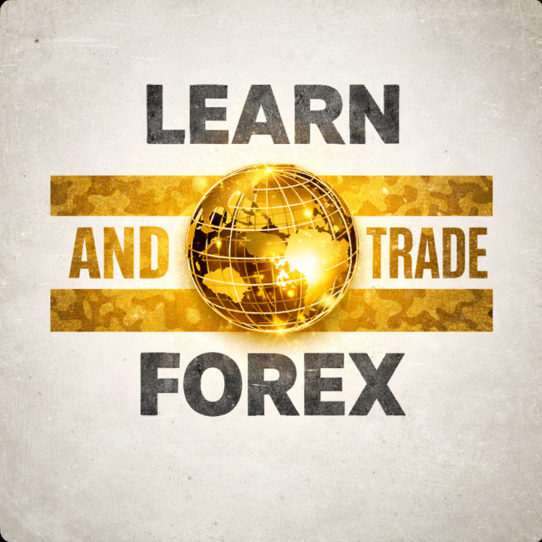 Text that says "Learn and Trade Forex" with a gold globe in the center.