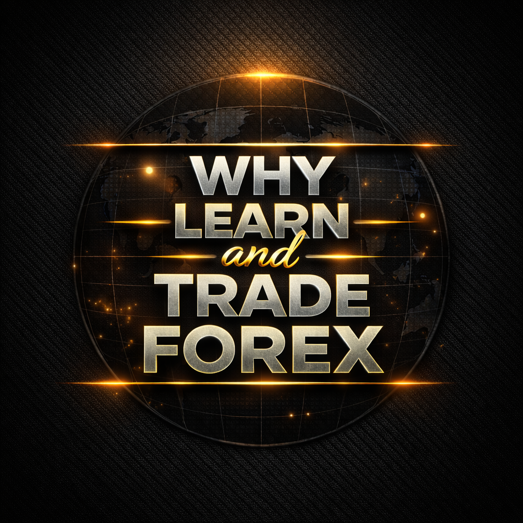 Digital globe with glowing lines, overlaid with text 'Why Learn and Trade Forex' in bold, metallic letters.