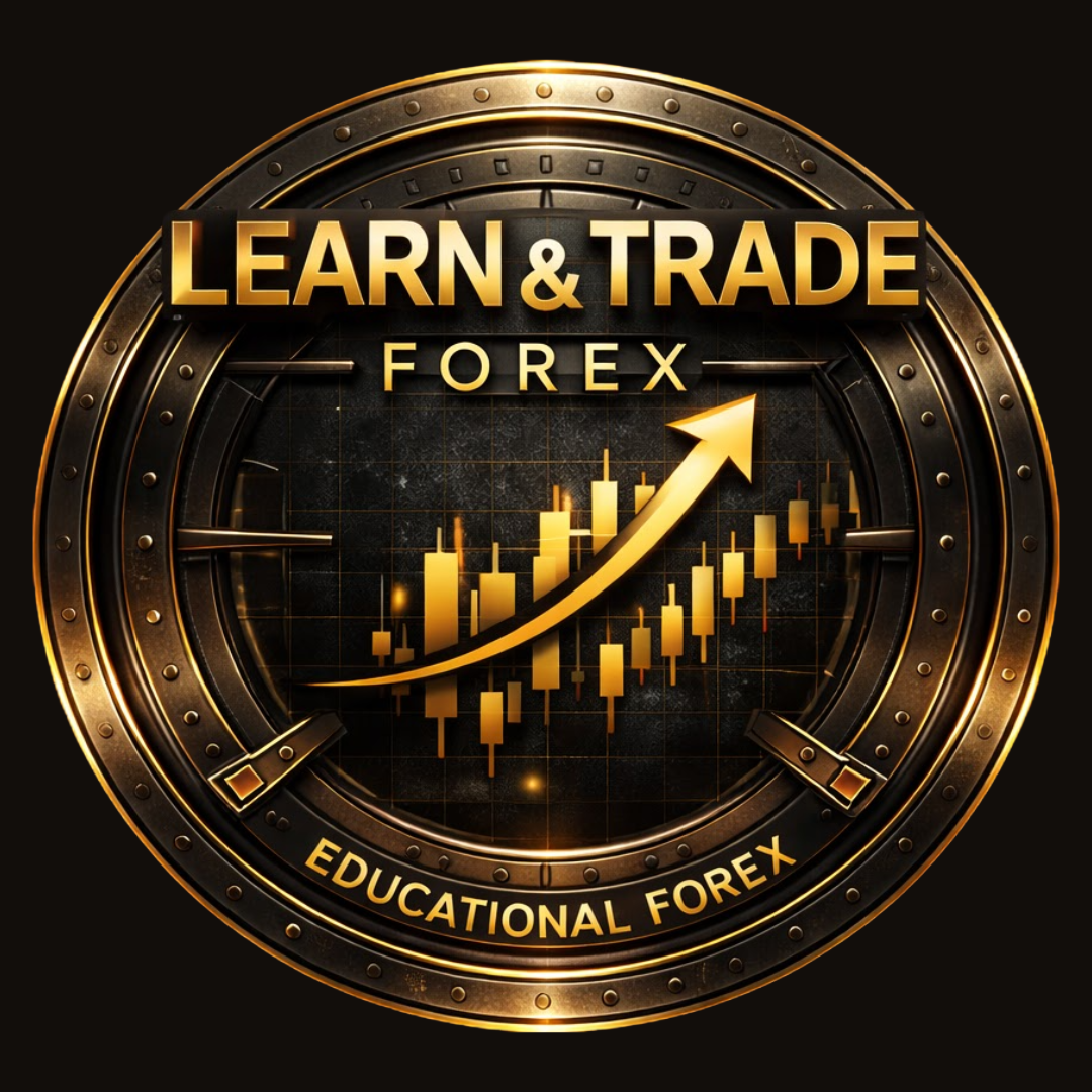Gold and black emblem with a candlestick chart and upward arrow, text reads 'Learn & Trade Forex' and 'Educational Forex'.