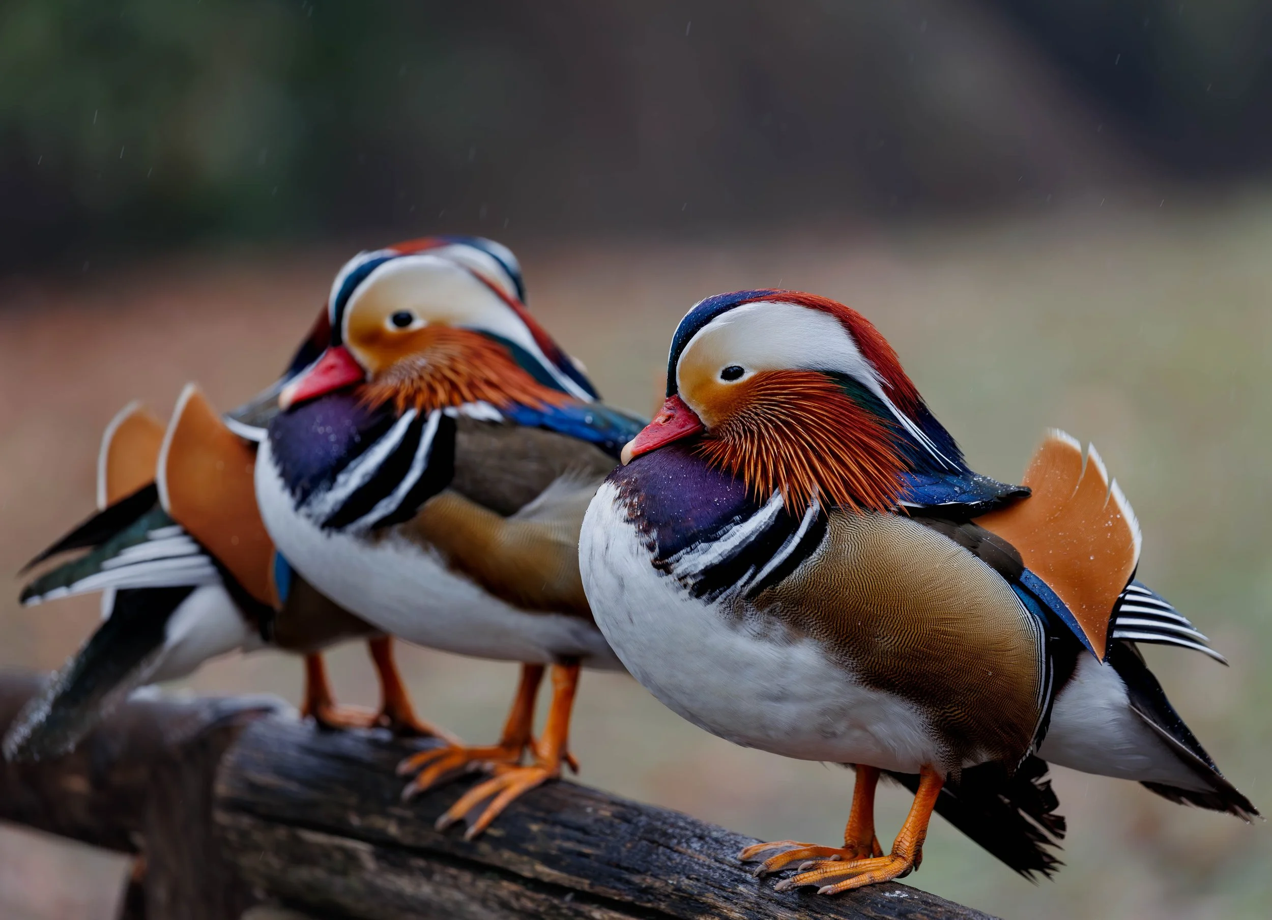 Two Mandarin ducks perched on a log, showing colorful plumage with orange, blue, white, black, and brown feathers, in a natural outdoor setting.