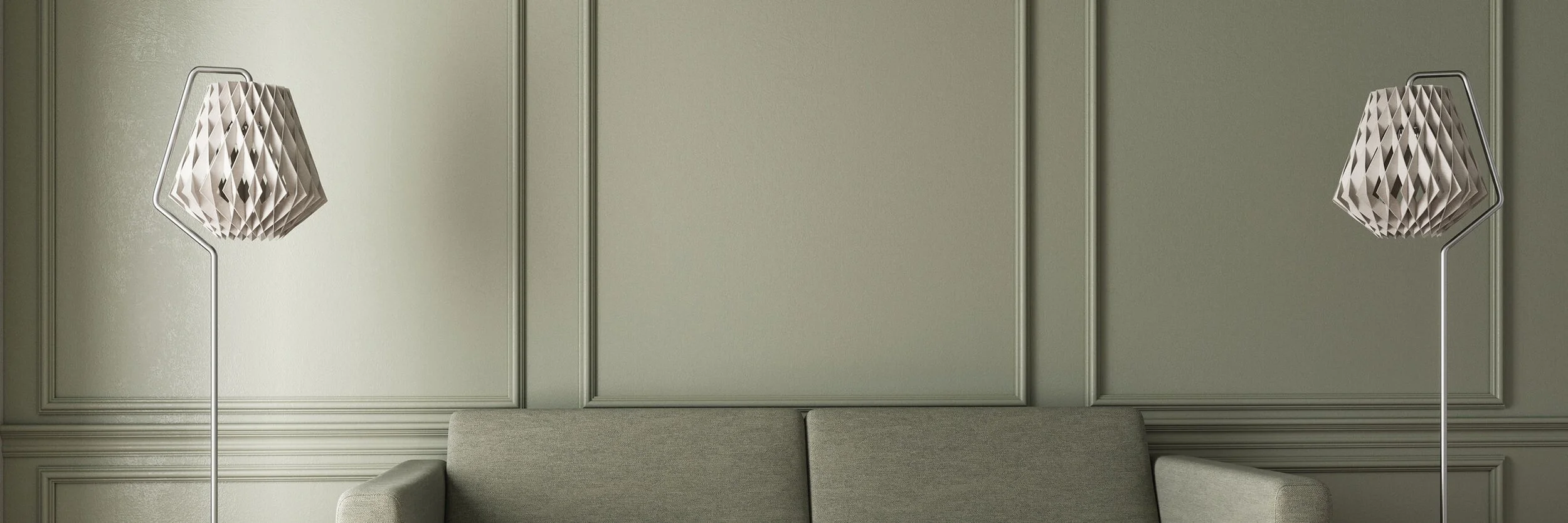 Lighting fixtures on a wall above a sofa, each with a geometric, pleated lampshade and a metal frame.