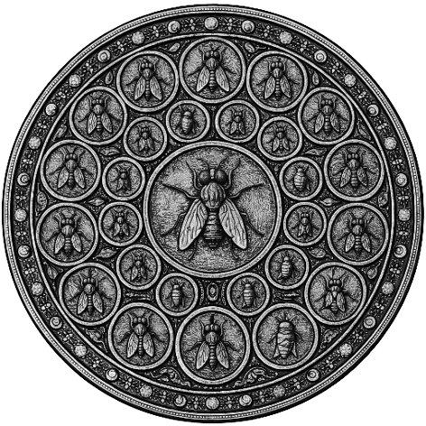 Circular medallion featuring a central fly surrounded by repeated fly motifs in a detailed engraved style.
