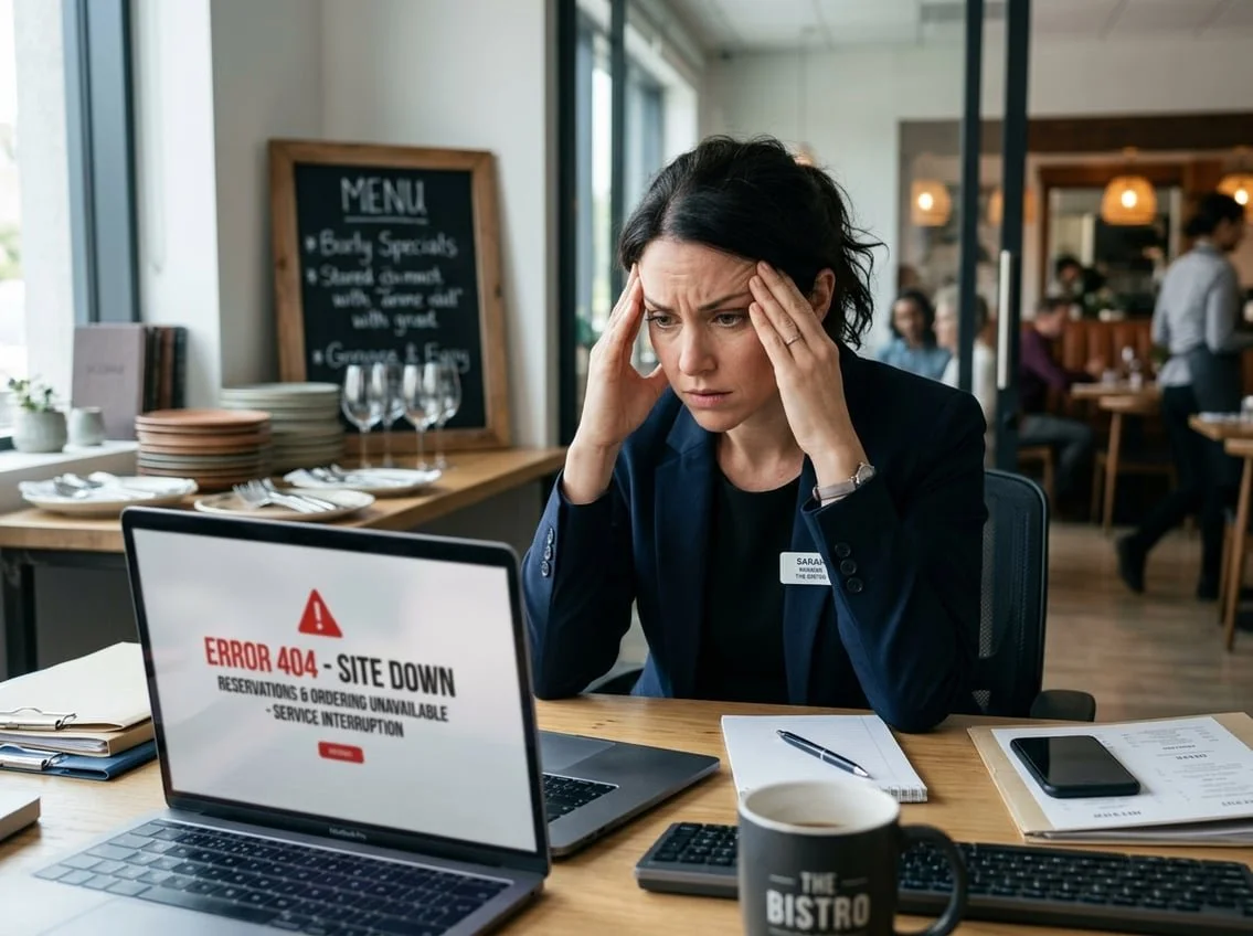 A worried restaurant manager sitting at a desk looking at a laptop with error messages showing frustration over broken online reservation and ordering links