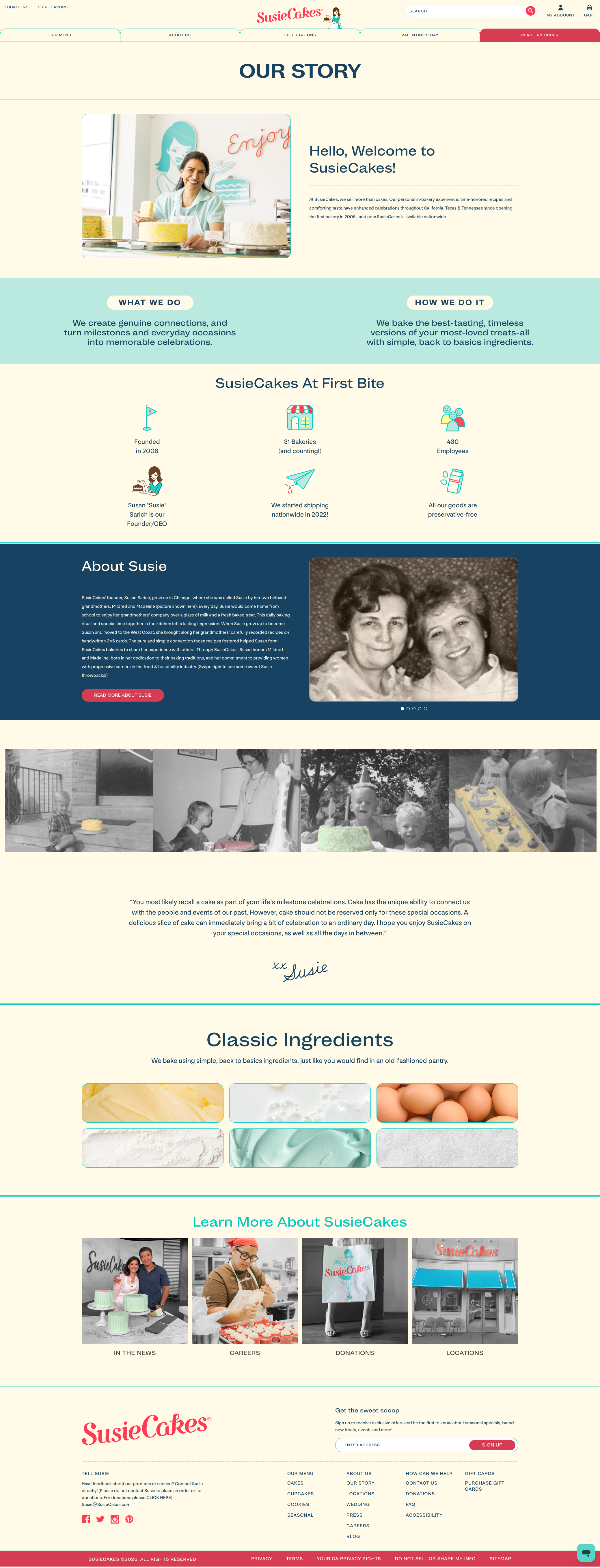 Screenshot of SusieCakes website featuring a story section with a woman baking cakes, a timeline of milestones, a black-and-white photo of two women, photos of children at a cake event, and ingredients like butter, eggs, and flour.