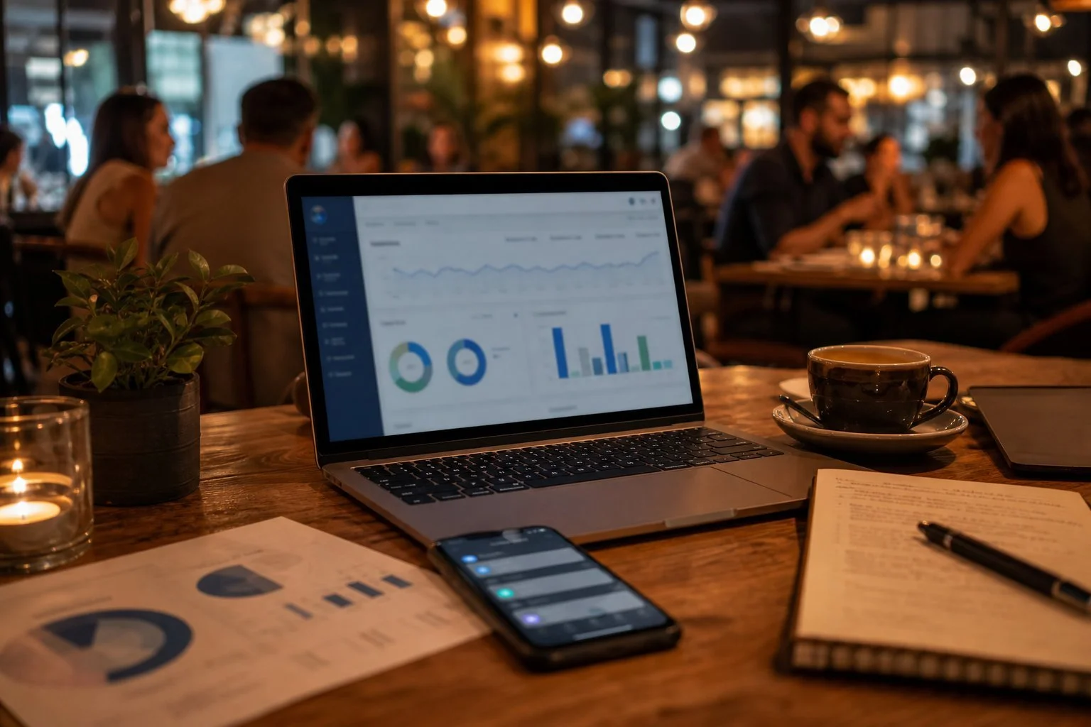 Restaurant interior with a laptop, smartphone and notepad on a wooden table beside diners