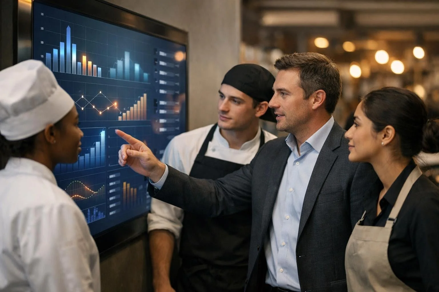 Restaurant staff and a manager using a digital touchscreen display in a modern, well-lit restaurant interior.