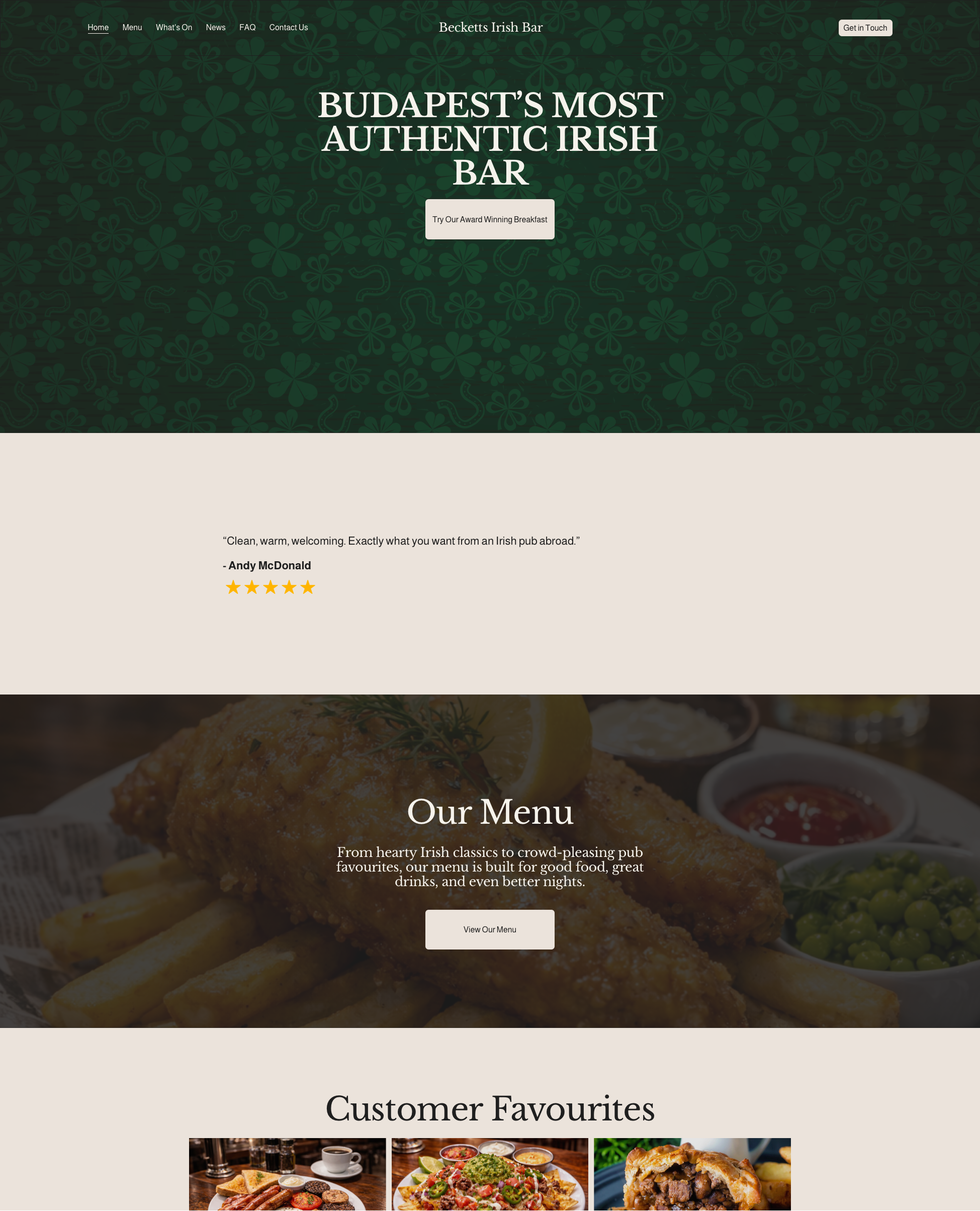 Homepage of Becketts Irish Bar website with dark green shamrock patterned background, white text, and navigation menu. Features a central heading promoting Budapest's authentic Irish pub, a quote from a customer, a section about the menu with a call-to-action button, and a gallery of customer favorites including food and drinks.