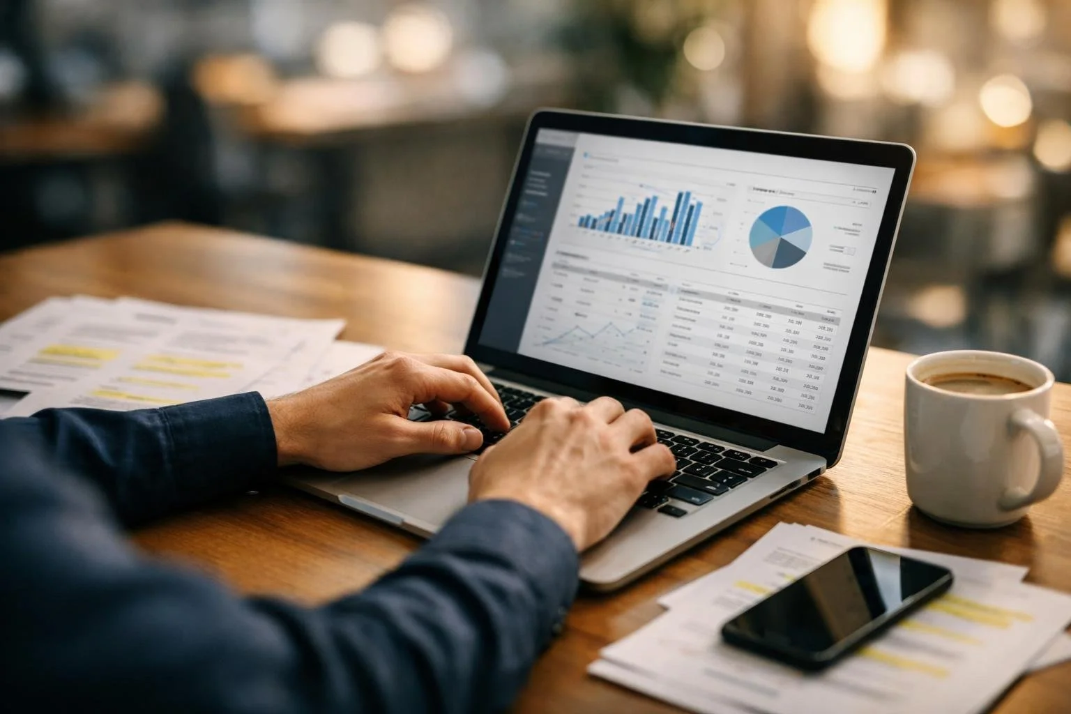 A person working on a laptop at a desk with keyword research charts, papers, and a coffee cup in a bright office.