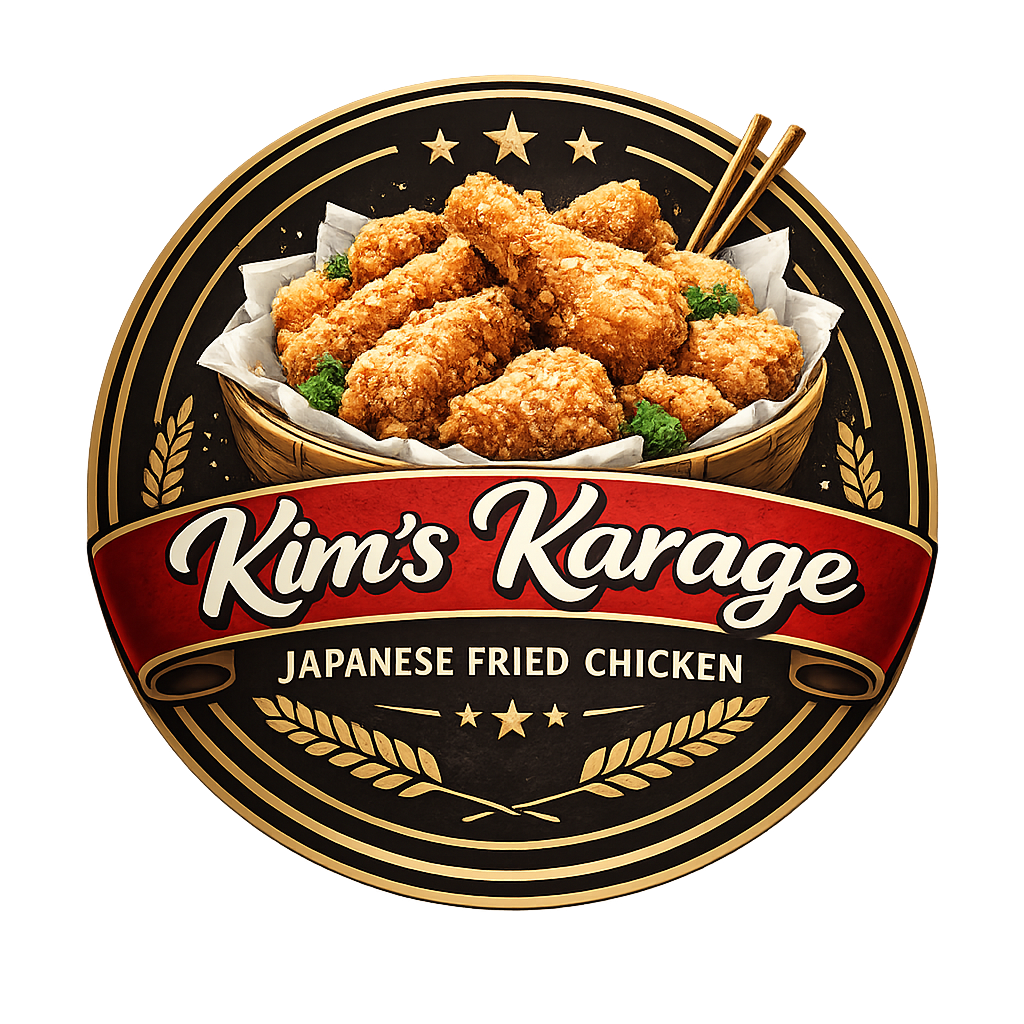 A logo for Kim's Karate featuring a bowl of Japanese fried chicken with a red banner and gold accents.