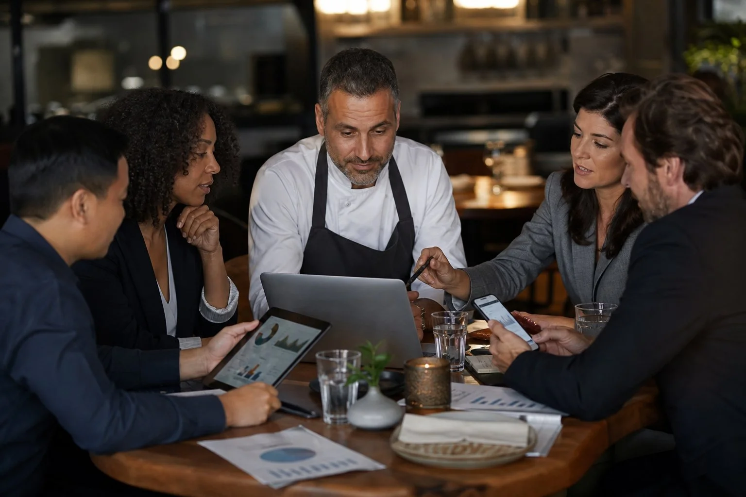 Restaurant owners discussing SEO strategy around a table with laptops in a warmly lit venue