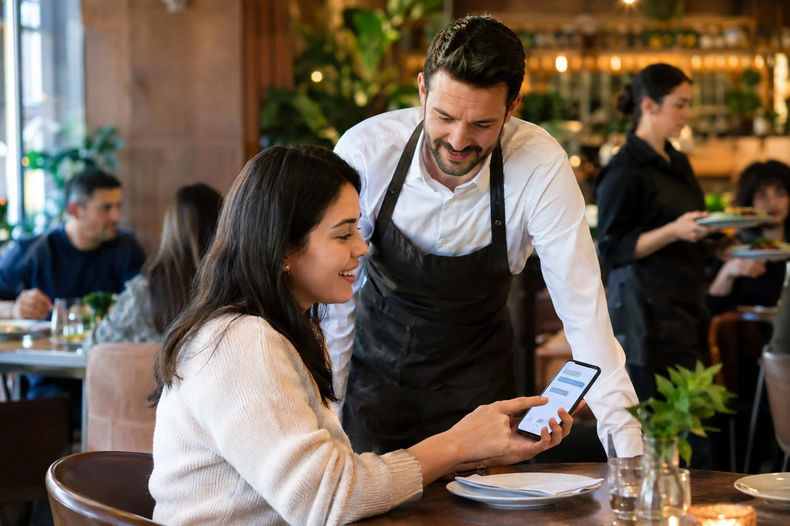 Restaurant manager helping a guest make a booking on a smartphone while diners eat in the background