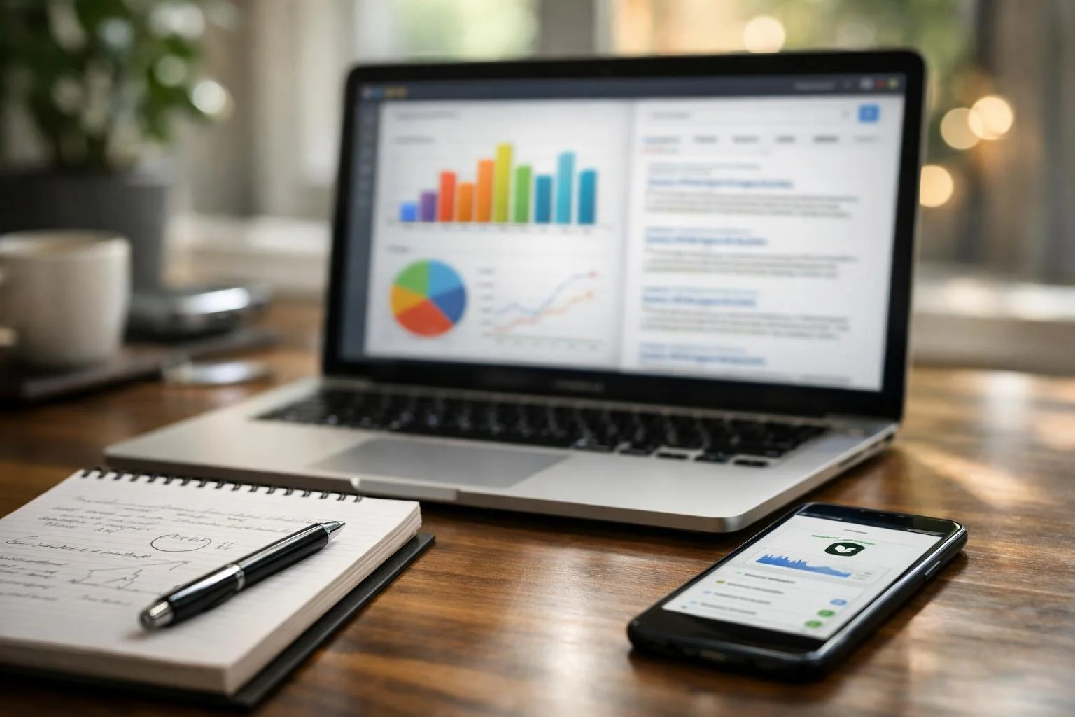 A modern workspace with a laptop showing website analytics, a notepad with notes, and a smartphone on a desk near a window.