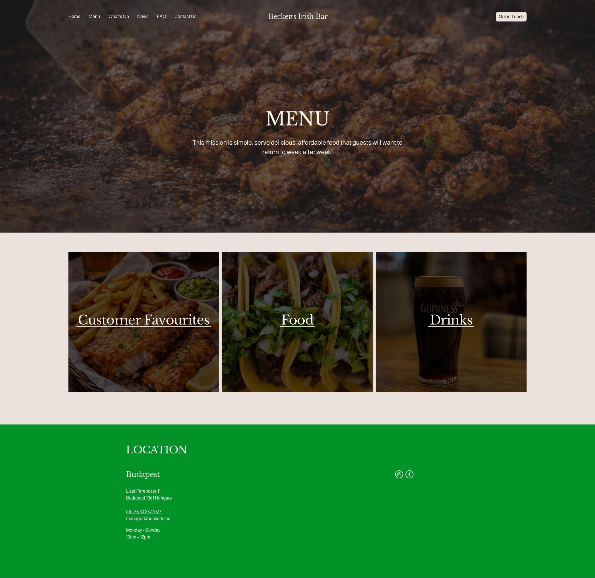 Homepage of Becketts Irish Bar website with a large background image of cooked meat, and menu sections for Customer Favourites, Food, and Drinks. Contact details and location in Budapest are shown at the bottom on a green background.