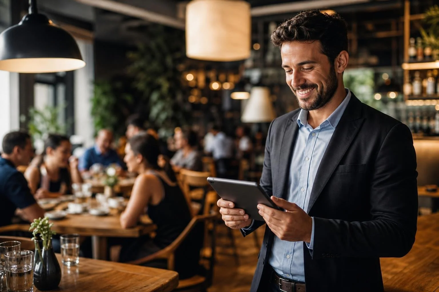 A restaurant owner reviewing their Google Business Profile on a tablet to improve AI search visibility