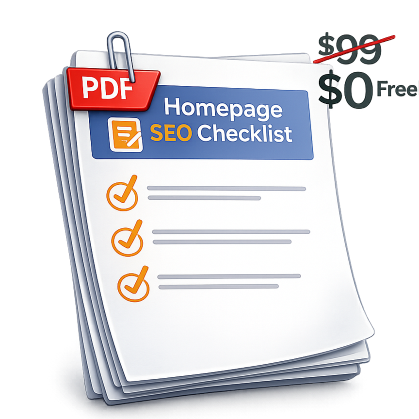A digital illustration of a PDF checklist titled 'Homepage SEO Checklist' with three completed items marked with orange checkmarks, a file clip on top, and the words 'Free' and '$0' with a line crossing out the dollar sign