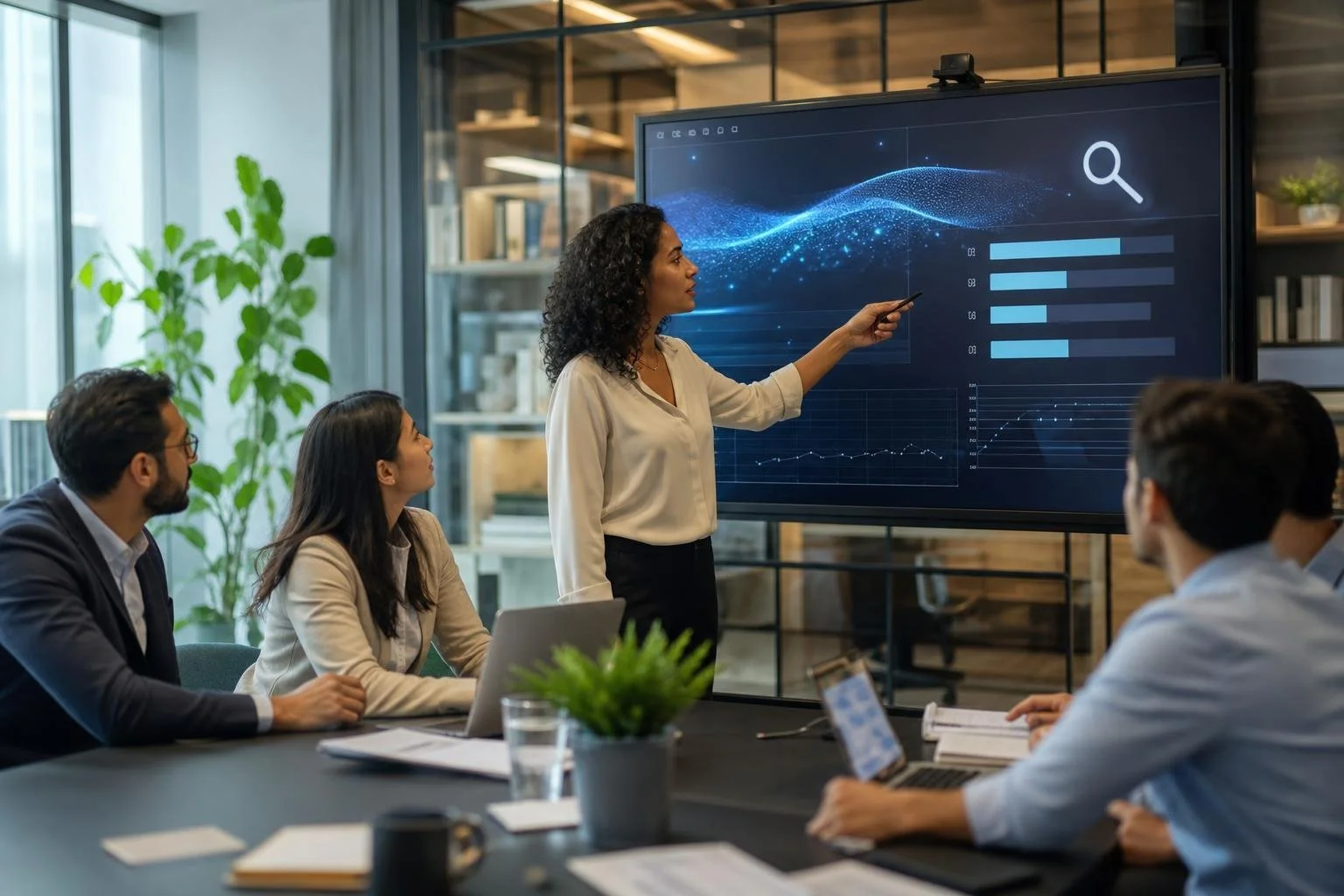 Business professionals collaborating around a conference table with a laptop displaying charts while planning a digital marketing strategy