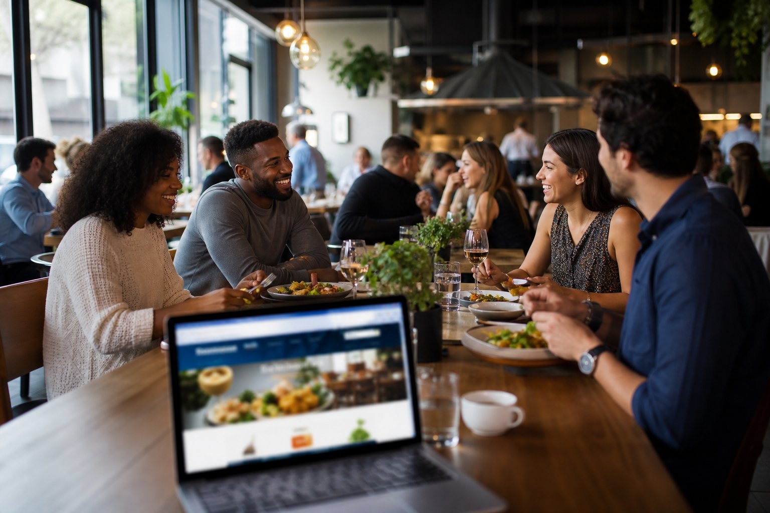 Busy restaurant interior with guests dining at tables and a laptop open in the foreground showing a Google search