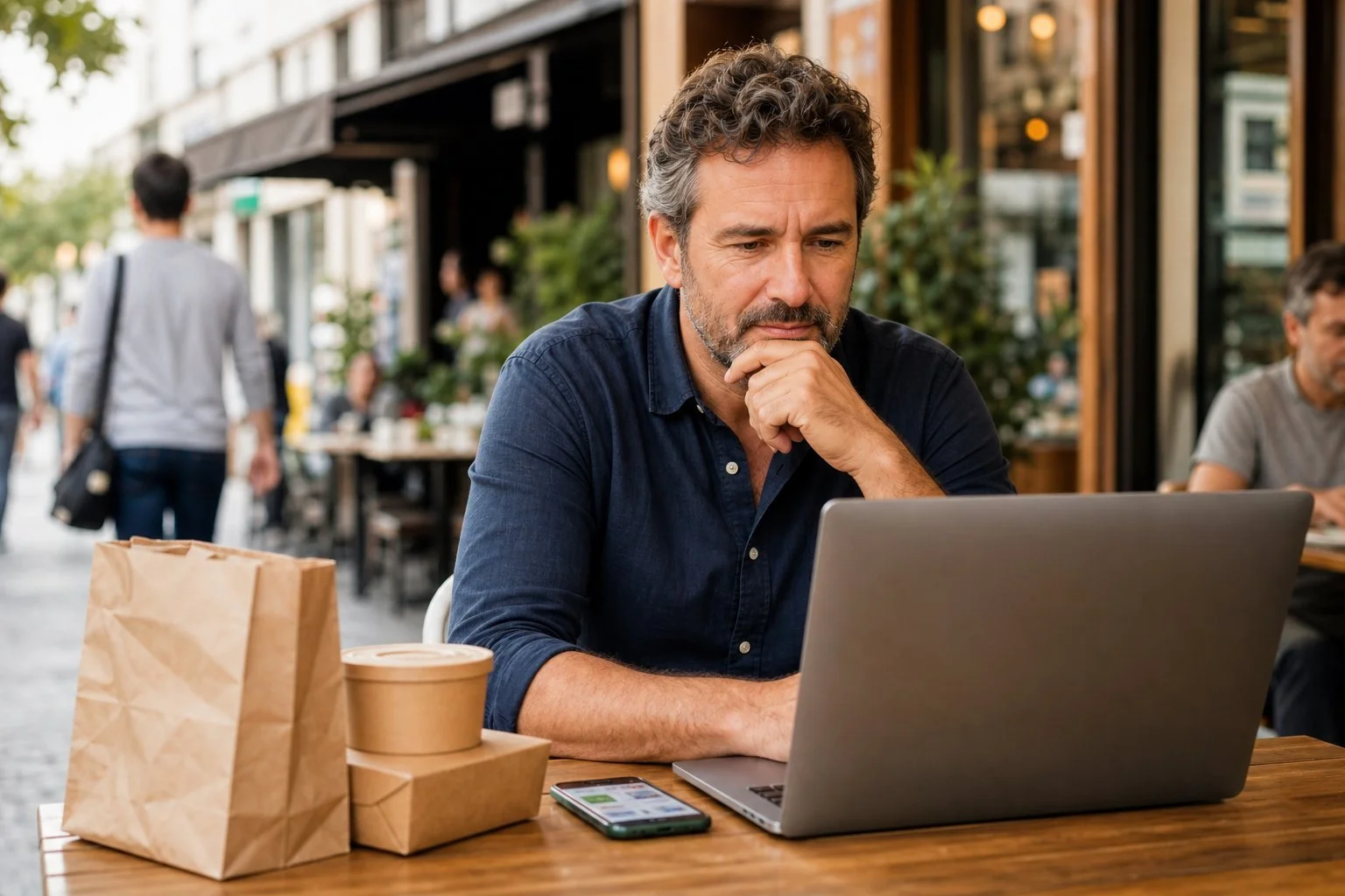 Person using a smartphone at a café table with a coffee cup and laptop nearby and a softly blurred restaurant interior behind them