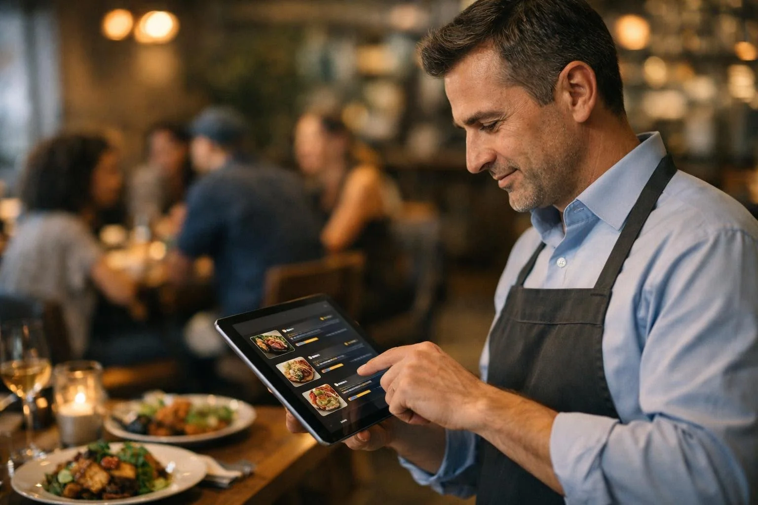A restaurant owner using a tablet while customers enjoy meals in a busy, warmly lit restaurant dining room.