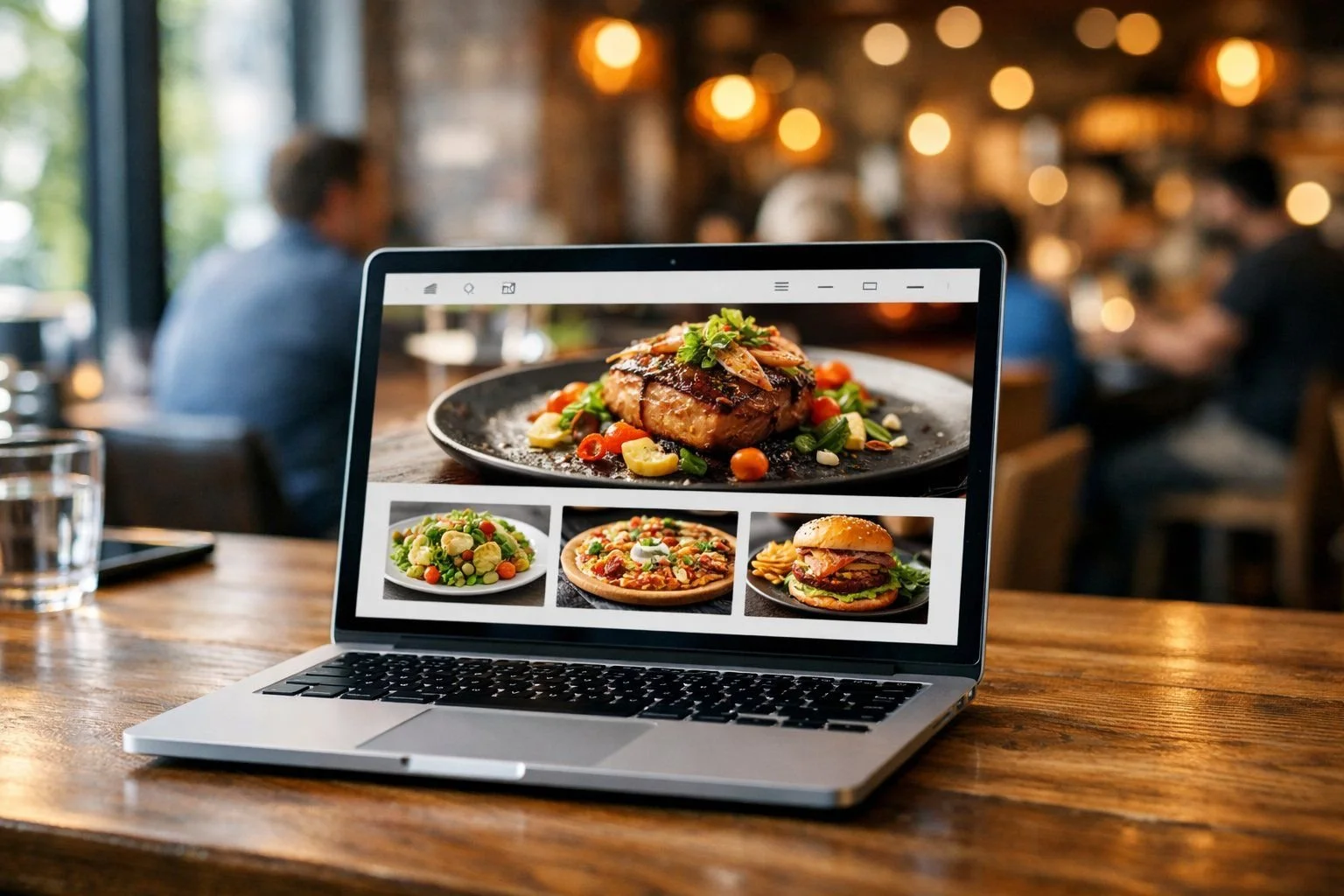 Laptop displaying a restaurant website in a café, showing a typical user experience and menu/booking navigation. Frustrated diners using a slow restaurant website on a laptop and smartphones at a café table.